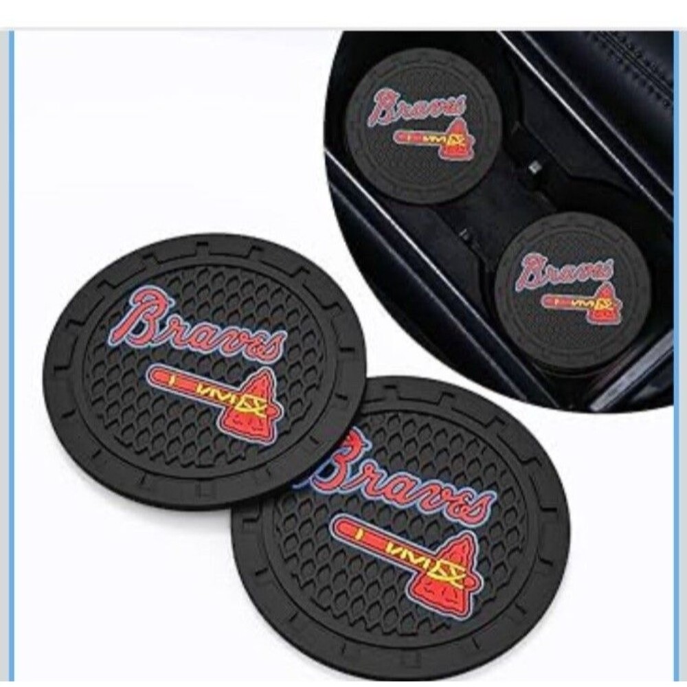 Atlanta Braves (2 pc) Car Cup Holder Mat Pad Silicone Coasters Black 2.75"